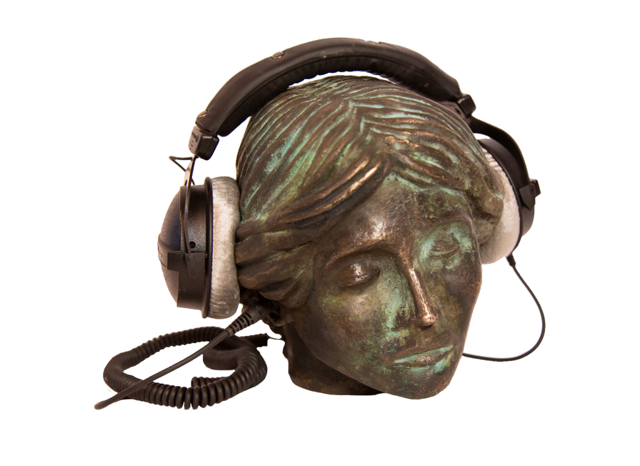 bronze woman's head wearing old headphones