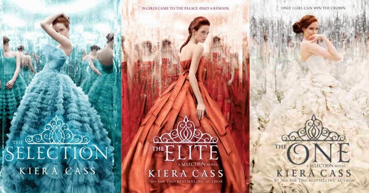 The covers of the first three books in the Selection series by Kiera Cass, titled The Selection, The Elite, and The One
